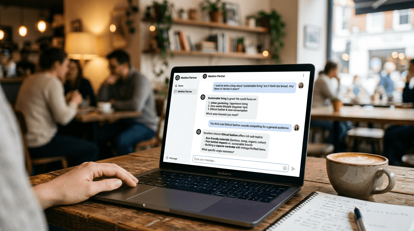 아이디에이션 에이전트와 주제 방향성을 잡는 대화 화면